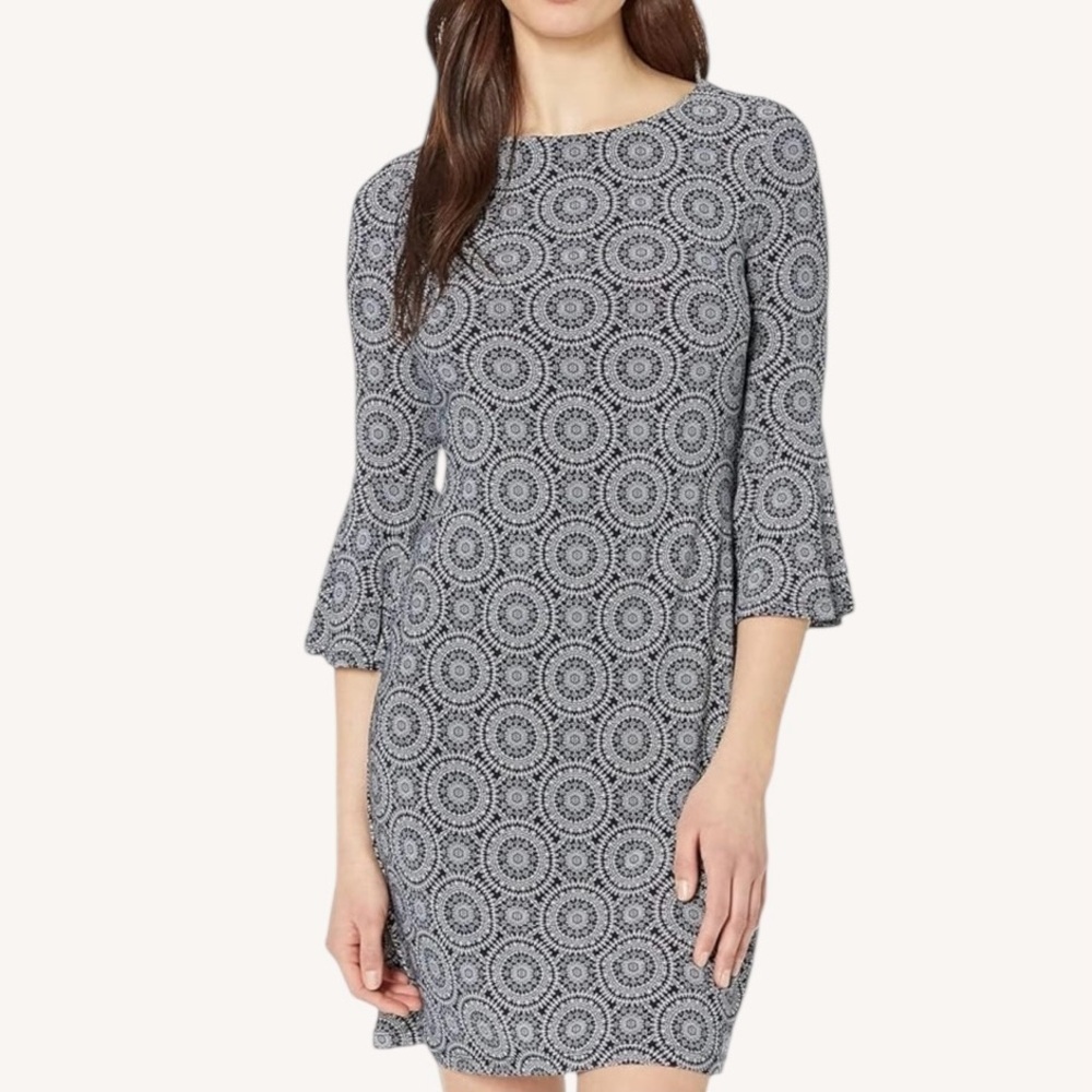 Tommy Hilfiger Navy Medallion Jersey Bell Sleeve Sheath Dress Size 6 Stretch